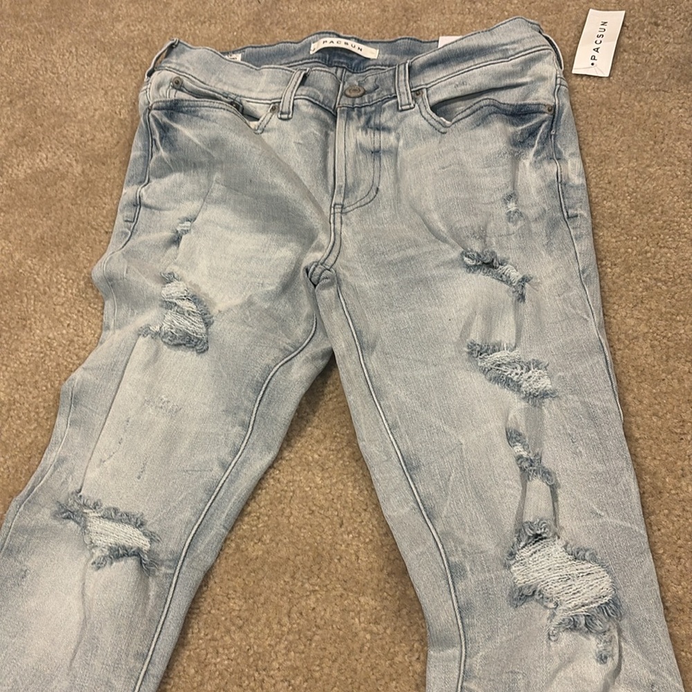 Light Blue Distressed Men's Pacsun  Jeans distroyed stack jeans skinny stretch - Picture 3 of 7